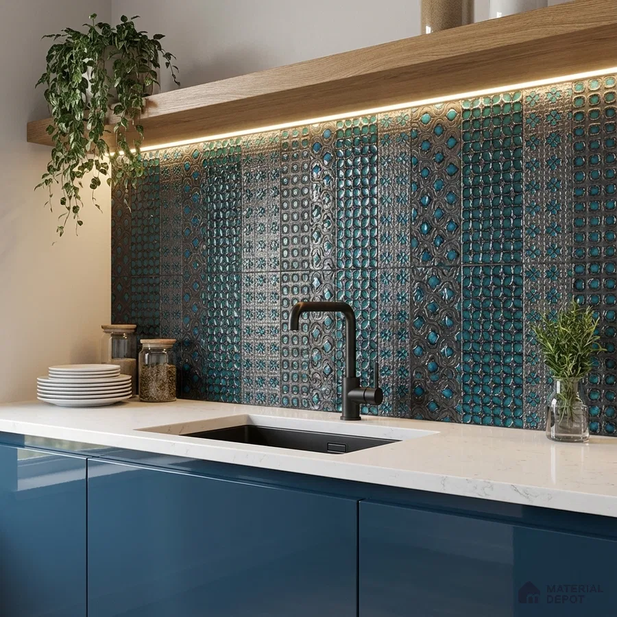 Modern kitchen with blue patterned backsplash tile, white quartz countertop, and glossy blue laminate cabinets