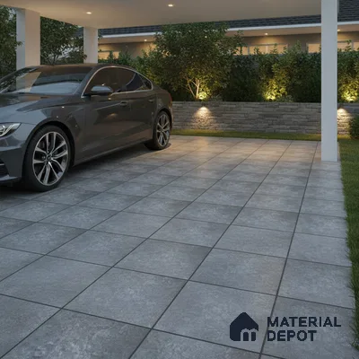 Modern parking with grey stone-look outdoor floor tiles and stone cladding boundary wall