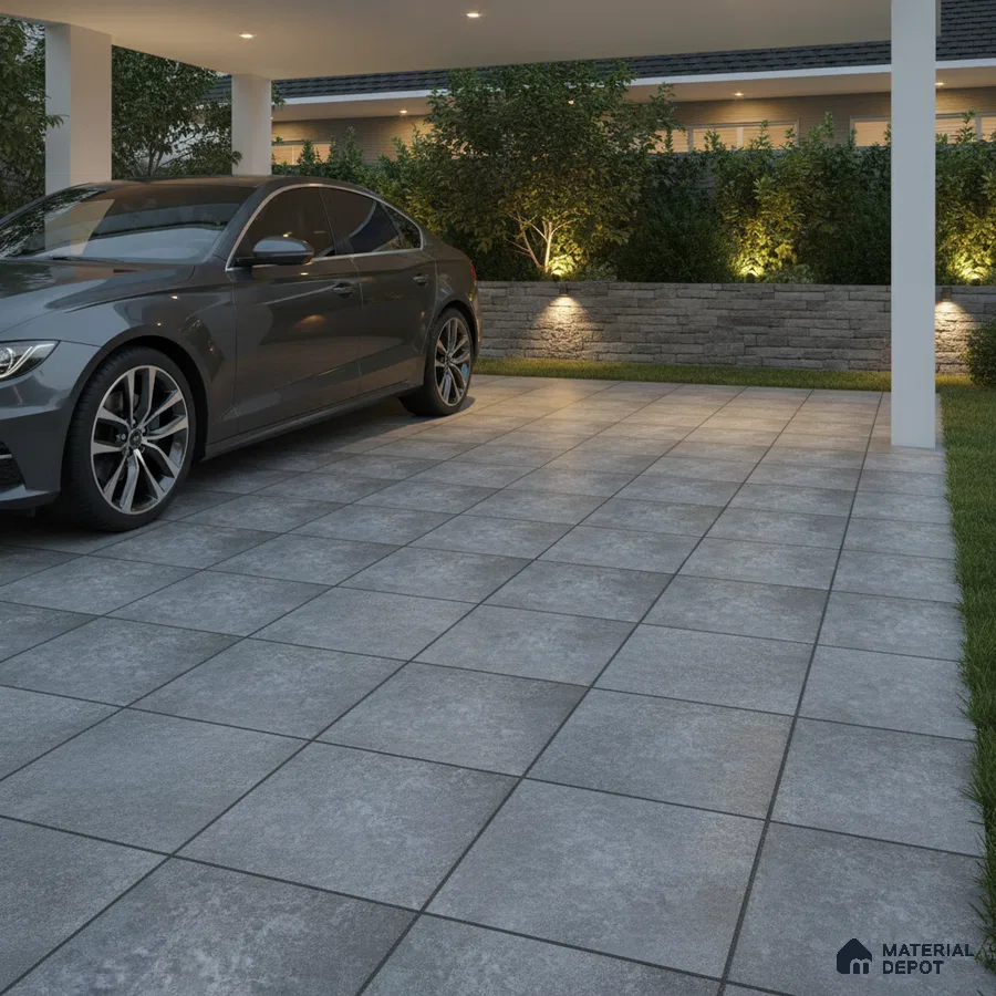 Modern parking with grey stone-look outdoor floor tiles and stone cladding boundary wall