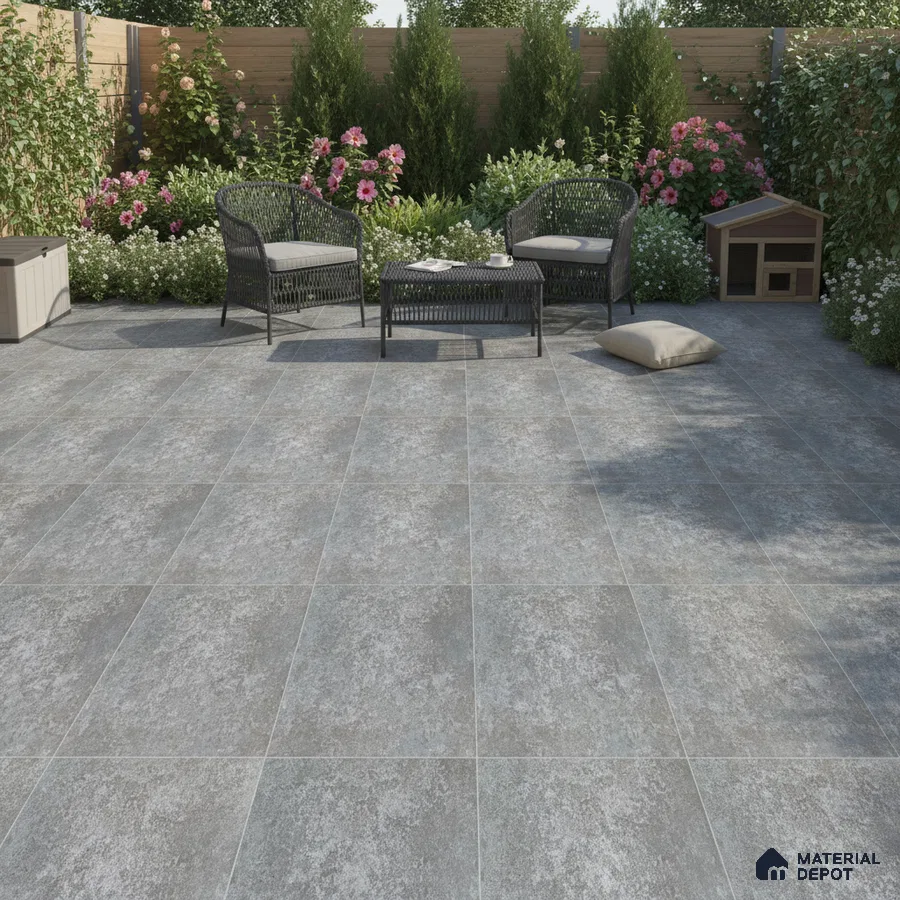 Modern outdoor patio with grey stone-look floor tiles and wicker furniture