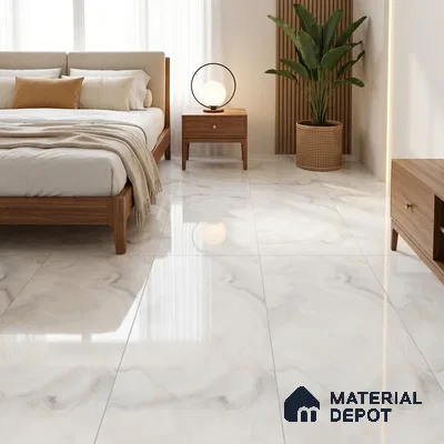 Modern Bedroom with Glossy White Onyx Marble-Look Floor Tile