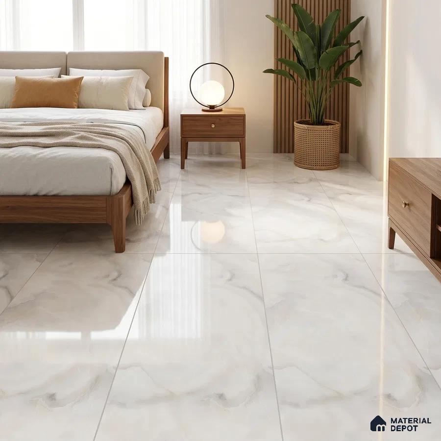 Modern Bedroom with Glossy White Onyx Marble-Look Floor Tile