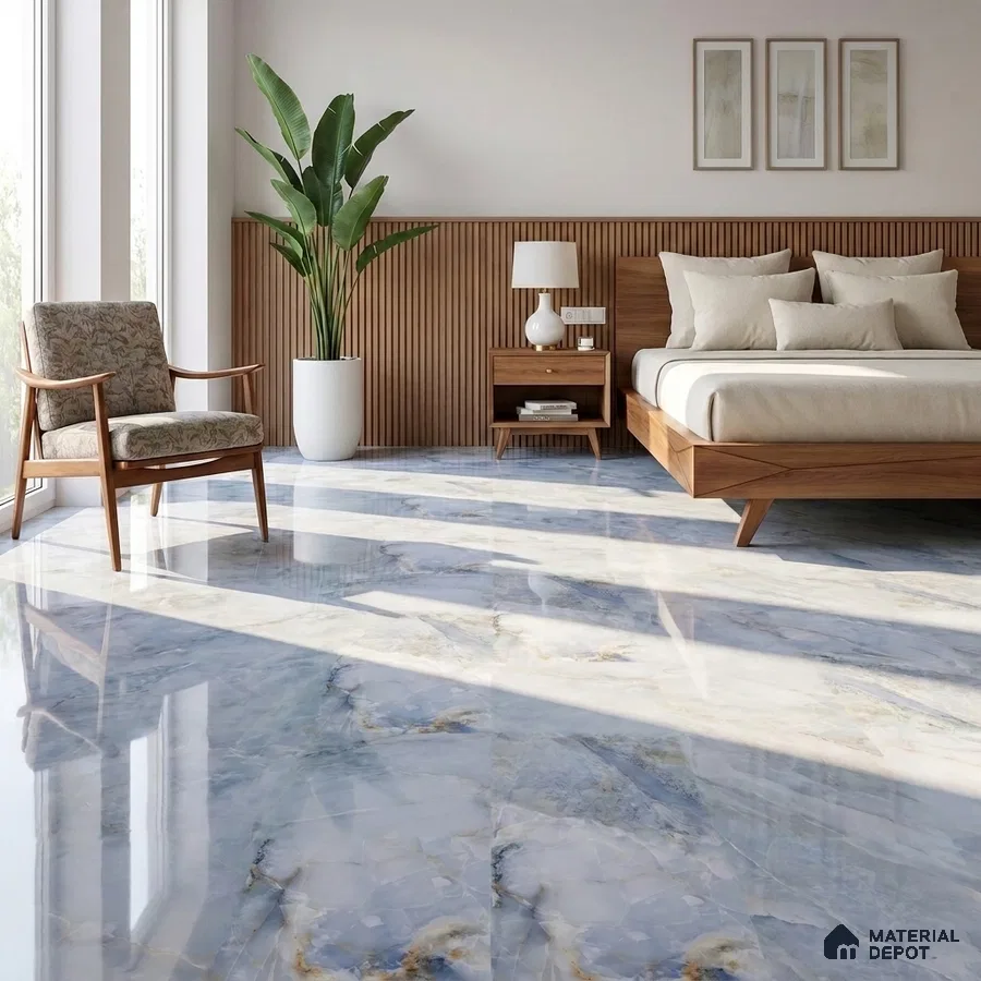 Modern Bedroom with Glossy Blue Onyx Marble-Look Floor Tile