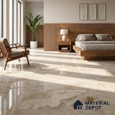 Modern Bedroom with Glossy Cream Onyx Marble-Look Floor Tile