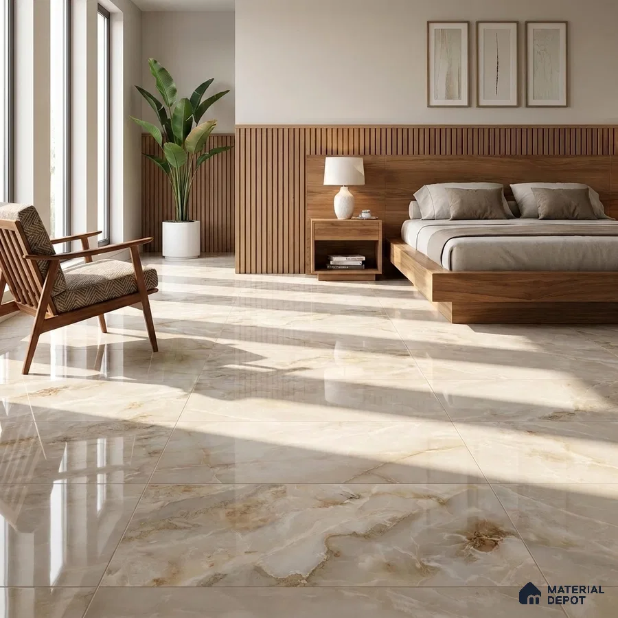 Modern Bedroom with Glossy Cream Onyx Marble-Look Floor Tile