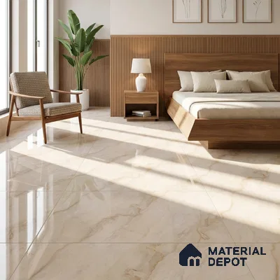 Modern Bedroom with Glossy Cream Marble-Look Floor Tile