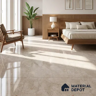 Modern Bedroom with Glossy Beige Marble-Look Floor Tile