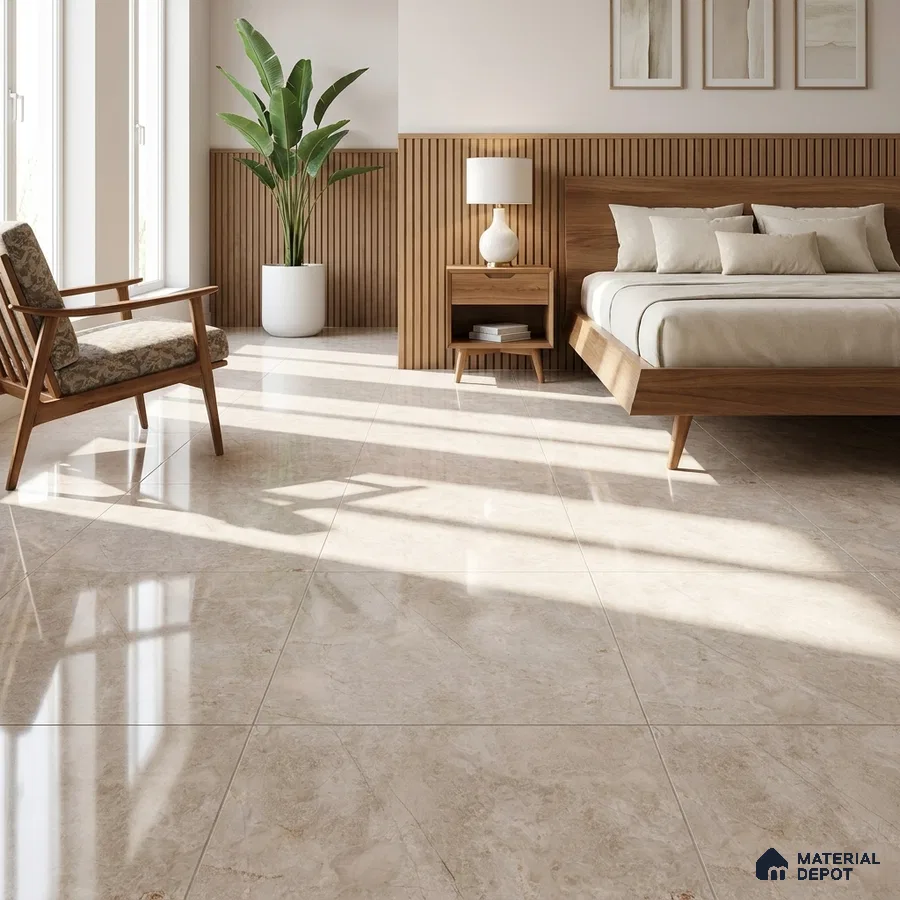 Modern Bedroom with Glossy Beige Marble-Look Floor Tile