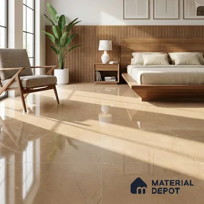 Mid-century Modern Bedroom with Glossy Golden Beige Marble-Look Floor Tile