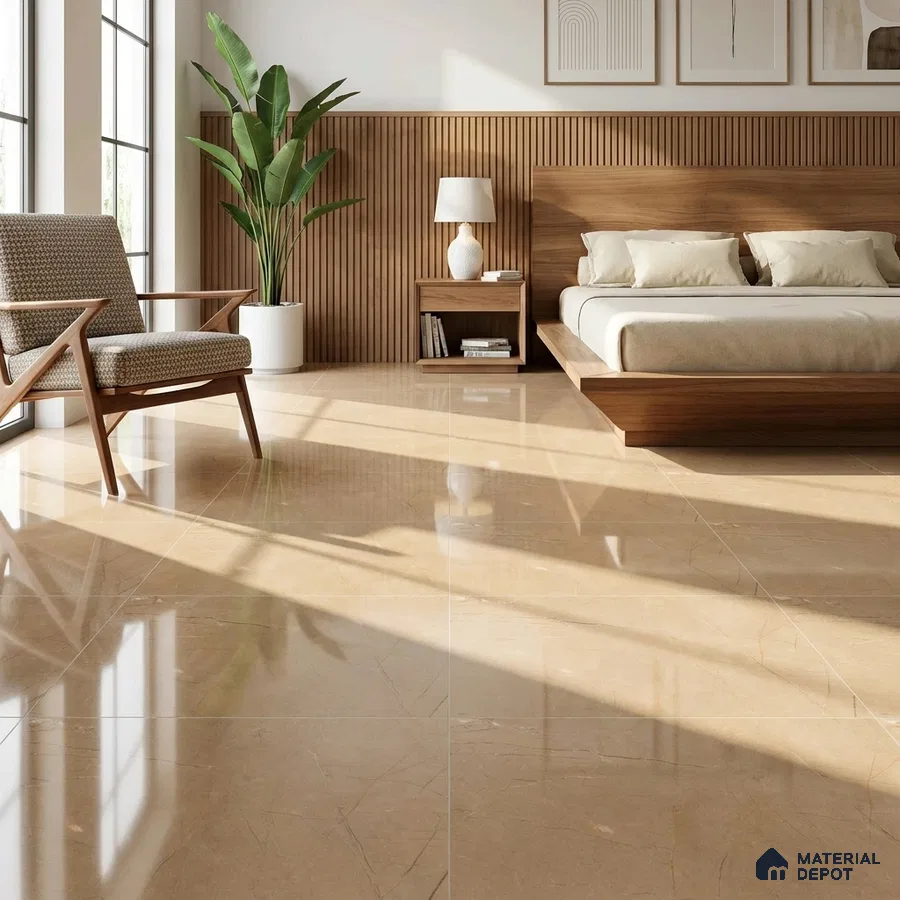Mid-century Modern Bedroom with Glossy Golden Beige Marble-Look Floor Tile