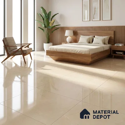 Mid-century Modern Bedroom with Glossy Cream Marble-Look Floor Tile