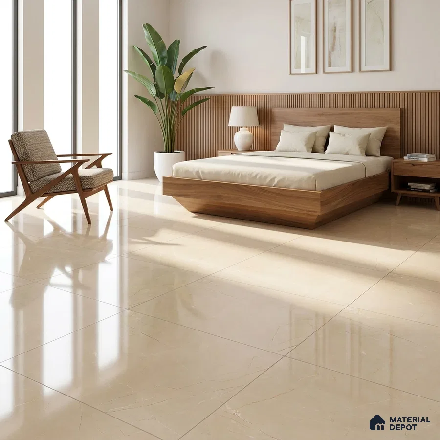 Mid-century Modern Bedroom with Glossy Cream Marble-Look Floor Tile