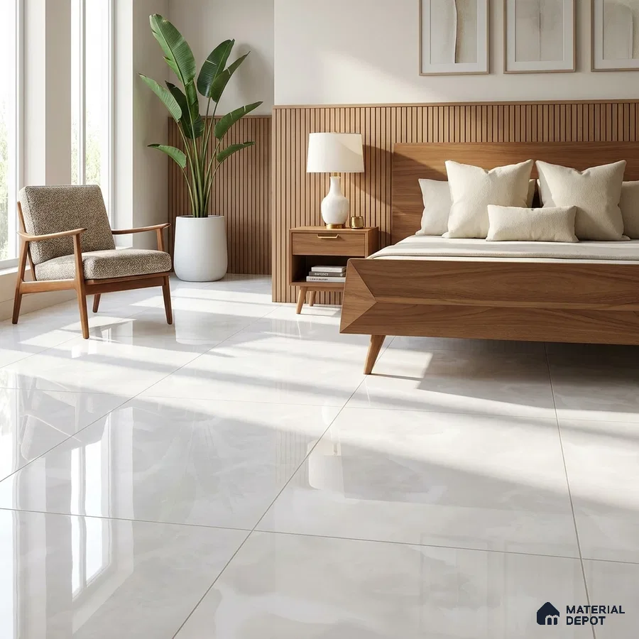 Mid-century Modern Bedroom with Glossy White Onyx Marble-Look Floor Tile