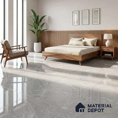 Mid-century Modern Bedroom with Glossy Grey Marble-Look Floor Tile