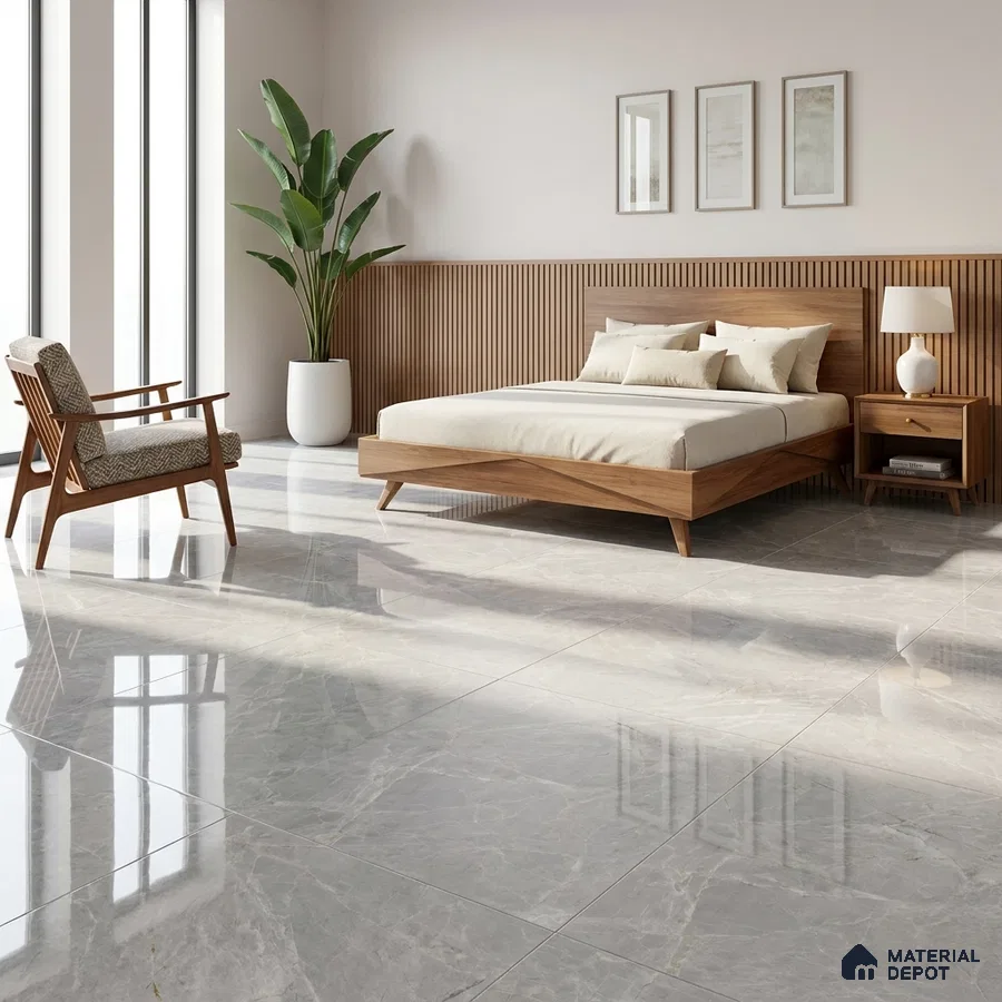 Mid-century Modern Bedroom with Glossy Grey Marble-Look Floor Tile