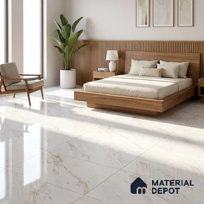 Mid-century Modern Bedroom with Glossy Cream Marble-Look Floor Tile and Walnut Bed