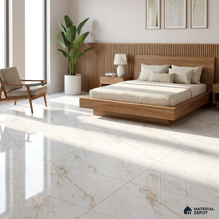 Mid-century Modern Bedroom with Glossy Cream Marble-Look Floor Tile and Walnut Bed