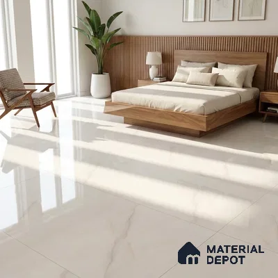 Mid-century Modern Bedroom with Glossy Ivory Marble-Look Floor Tile and Walnut Bed