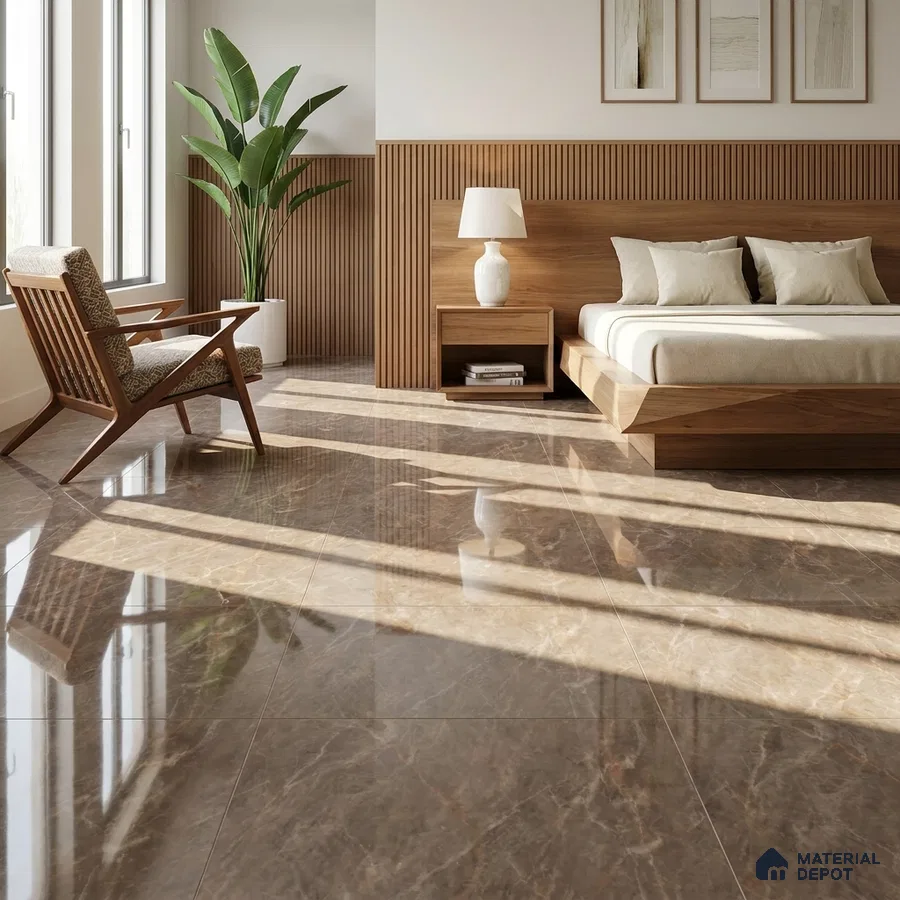 Mid-century Modern Bedroom with Glossy Brown Marble-Look Floor Tile and Walnut Bed