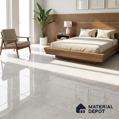 Mid-century Modern Bedroom with Glossy Pearl White Marble-Look Floor Tile