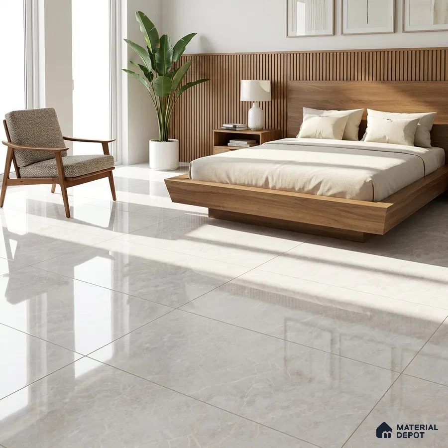 Mid-century Modern Bedroom with Glossy Pearl White Marble-Look Floor Tile