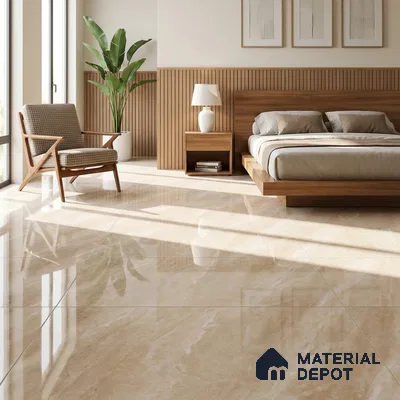 Mid-century Modern Bedroom with Glossy Beige Onyx-Look Floor Tile and Walnut Bed