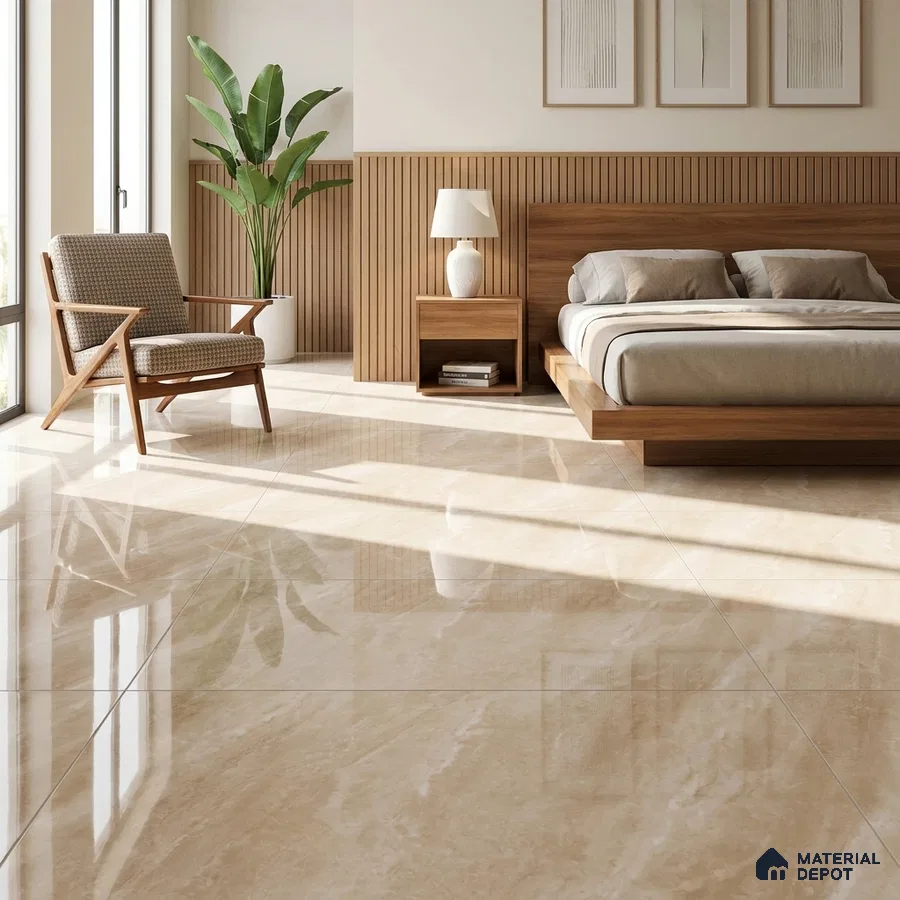 Mid-century Modern Bedroom with Glossy Beige Onyx-Look Floor Tile and Walnut Bed