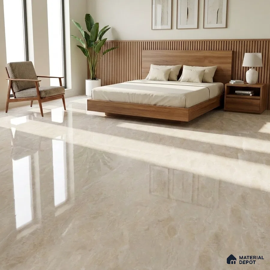 Mid-century Modern Bedroom with Glossy Cream Marble-Look Floor Tile