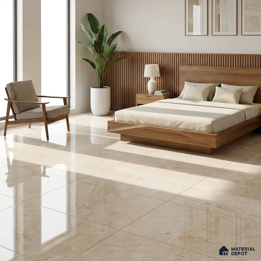 Mid-century Modern Bedroom with Glossy Cream Marble-Look Floor Tile and Gold Veins