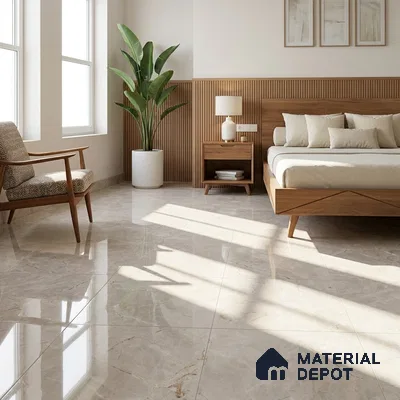 Mid-century Modern Bedroom with Glossy Warm Grey Marble-Look Floor Tile