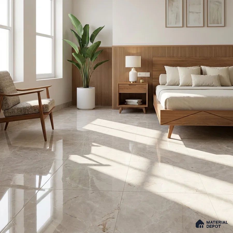 Mid-century Modern Bedroom with Glossy Warm Grey Marble-Look Floor Tile