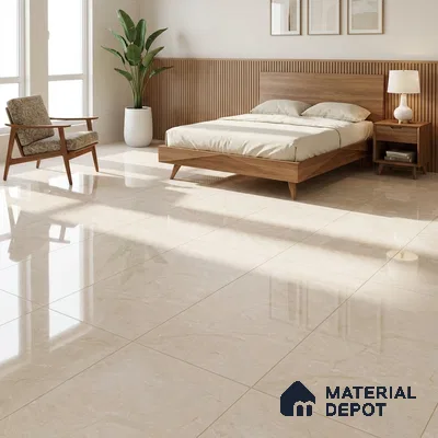 Mid-century Modern Bedroom with Glossy Cream Marble-Look Floor Tile and Walnut Bed