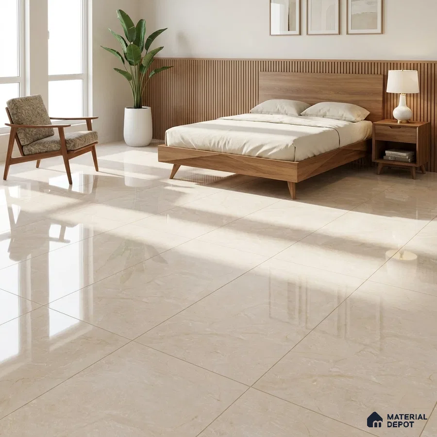 Mid-century Modern Bedroom with Glossy Cream Marble-Look Floor Tile and Walnut Bed