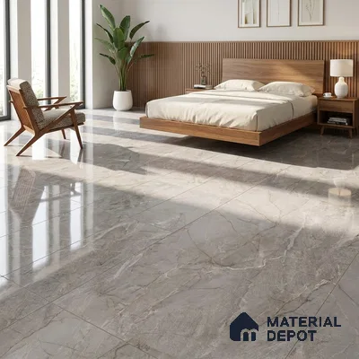Mid-century Modern Bedroom with Glossy Grey Marble-Look Floor Tile and Gold Veins