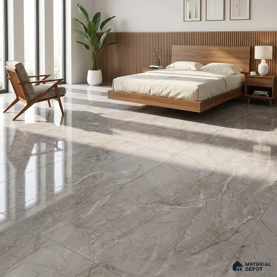 Mid-century Modern Bedroom with Glossy Grey Marble-Look Floor Tile and Gold Veins