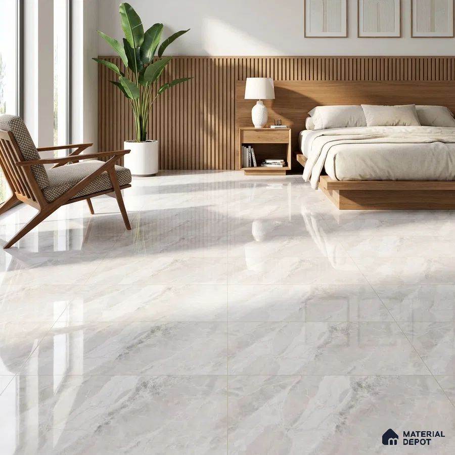 Mid-century Modern Bedroom with Glossy Frosty White Marble-Look Floor Tile