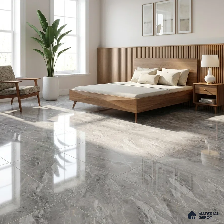 Mid-century Modern Bedroom with Glossy Grey Marble-Look Floor Tile and Walnut Bed
