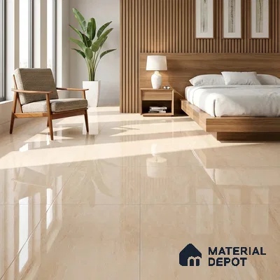 Mid-century Modern Bedroom with Glossy Beige Onyx-Look Floor Tile