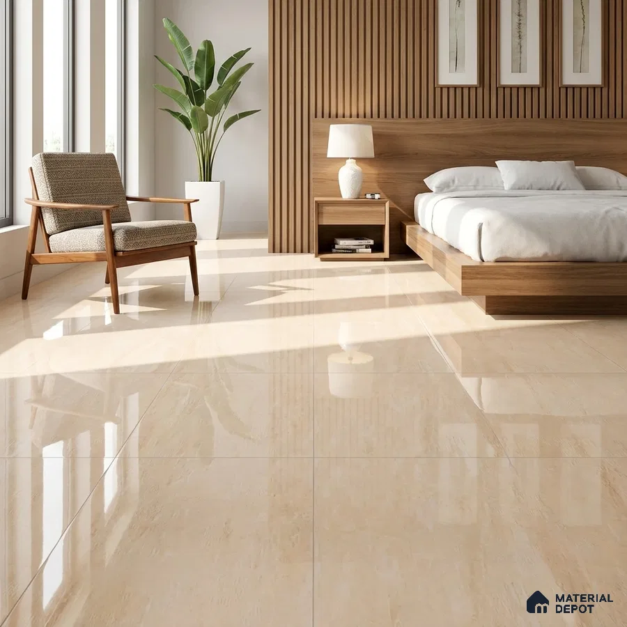 Mid-century Modern Bedroom with Glossy Beige Onyx-Look Floor Tile