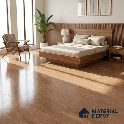 Mid-century Modern Bedroom with Glossy Wood-Look Floor Tile and Walnut Bed