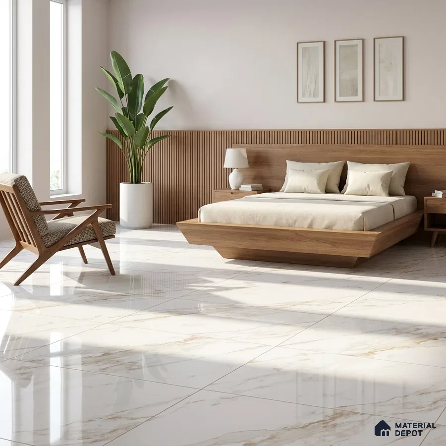 Mid-century Modern Bedroom with Glossy White Marble-Look Floor Tile and Gold Veins