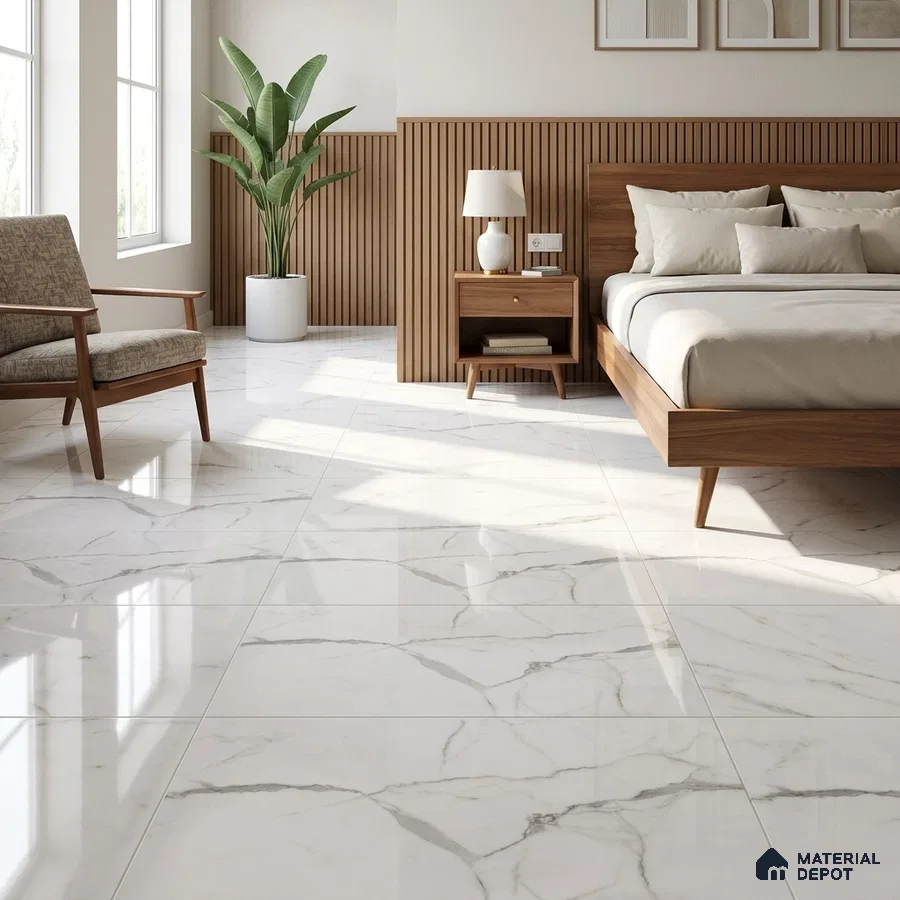 Mid-century Modern Bedroom with Glossy Statuario White Marble-Look Floor Tile