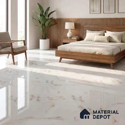 Mid-century Modern Bedroom with Glossy Cream Marble-Look Floor Tile and Gold Veins