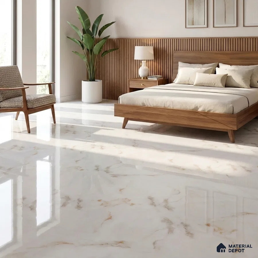 Mid-century Modern Bedroom with Glossy Cream Marble-Look Floor Tile and Gold Veins