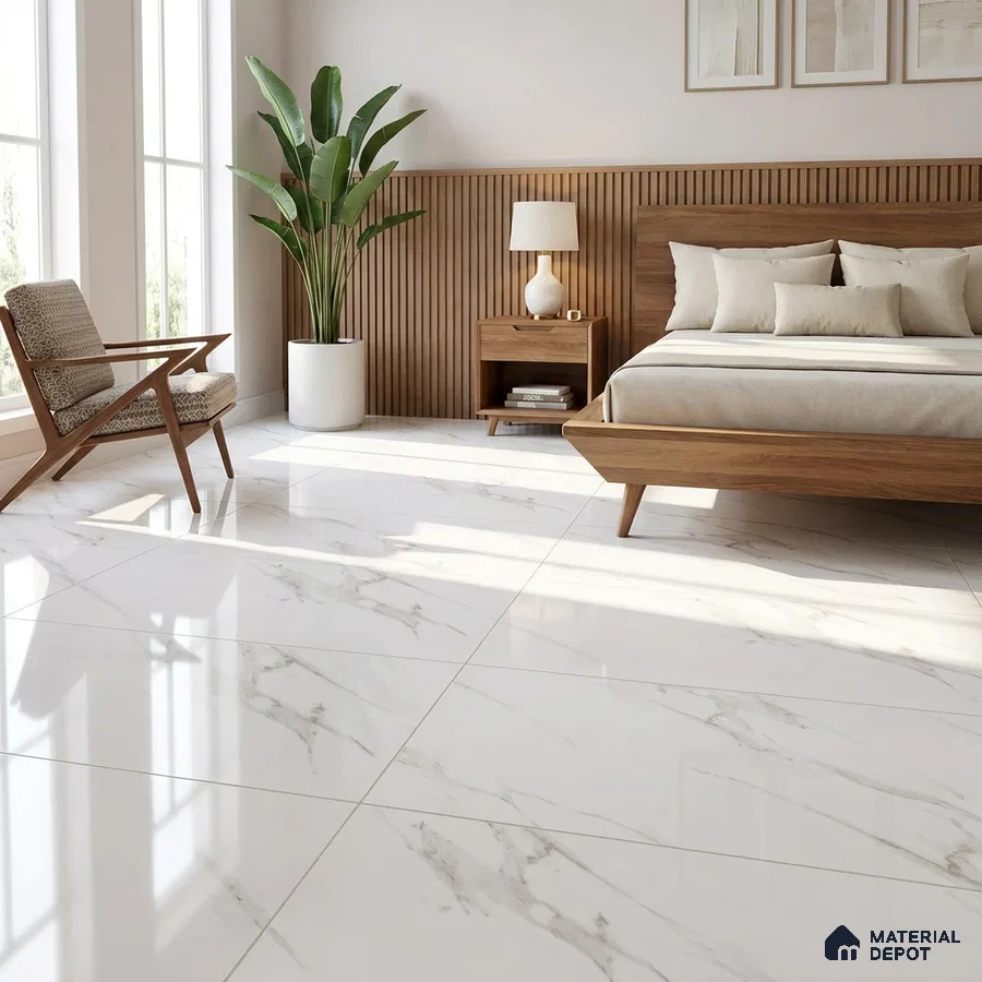 Mid-century Modern Bedroom with Glossy Statuario White Marble-Look Floor Tile