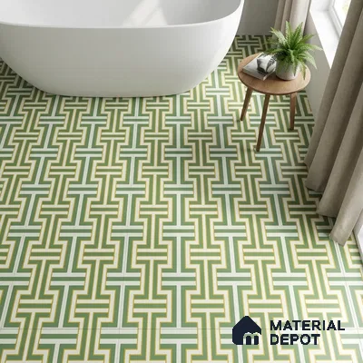 Modern bathroom with green and yellow geometric patterned floor tiles