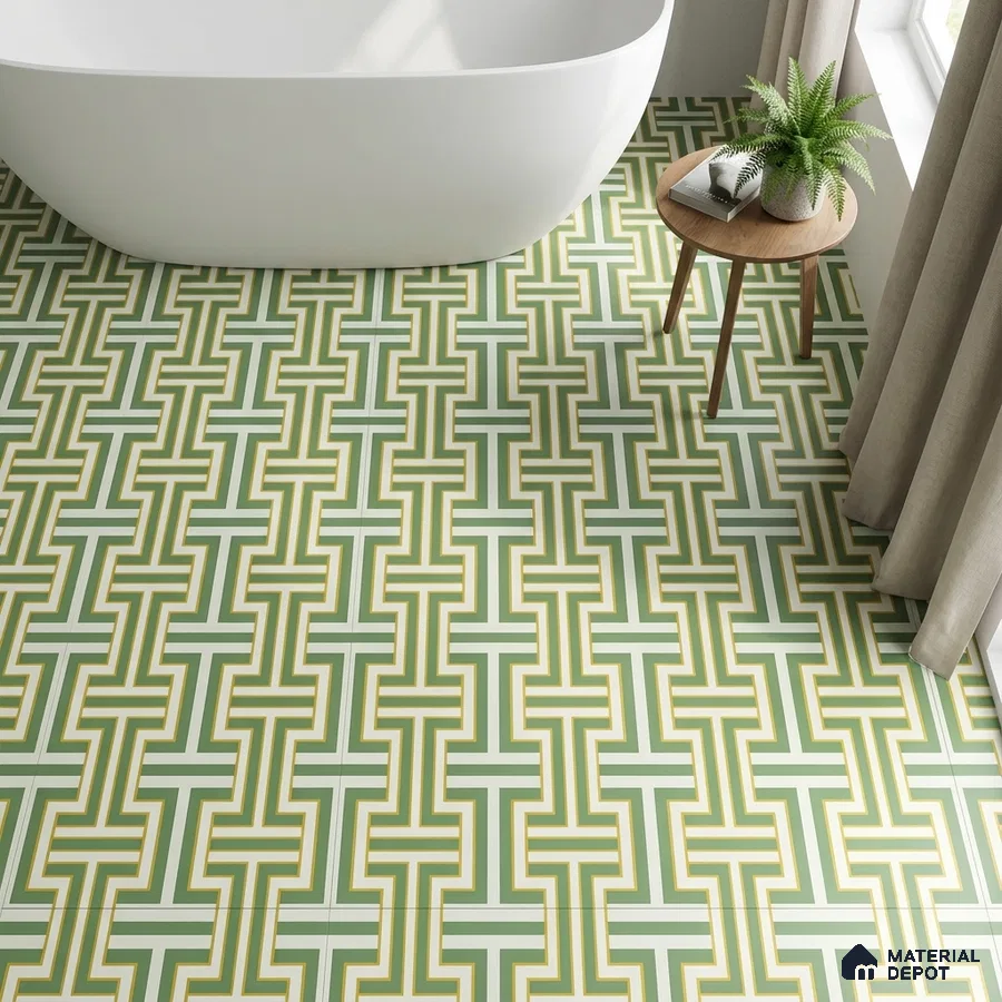 Modern bathroom with green and yellow geometric patterned floor tiles