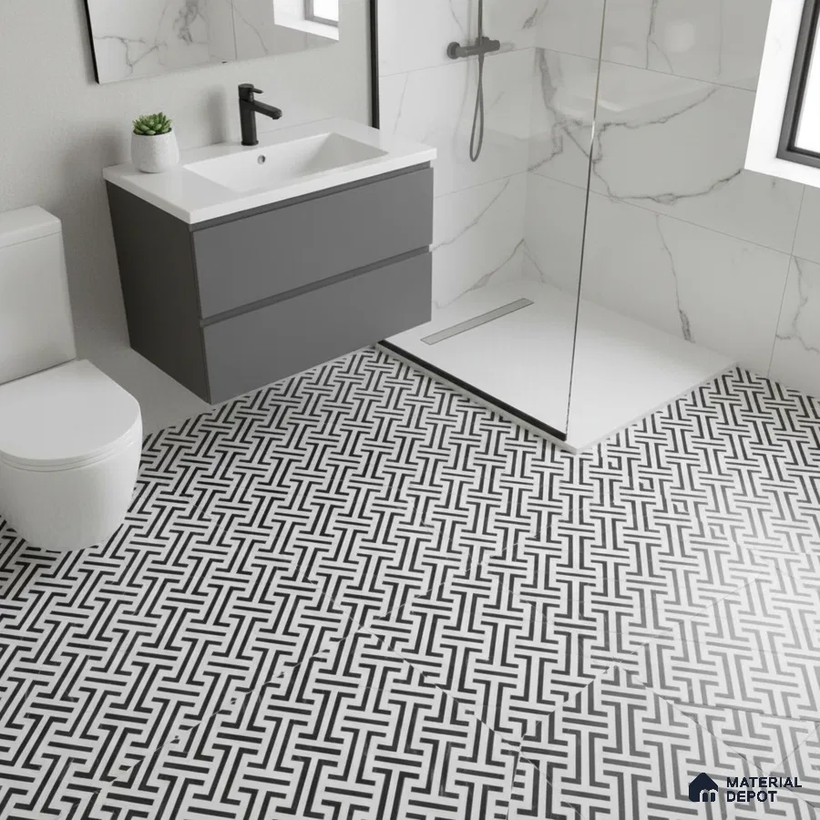 Modern bathroom with marble wall tiles and black-and-white geometric patterned floor tiles