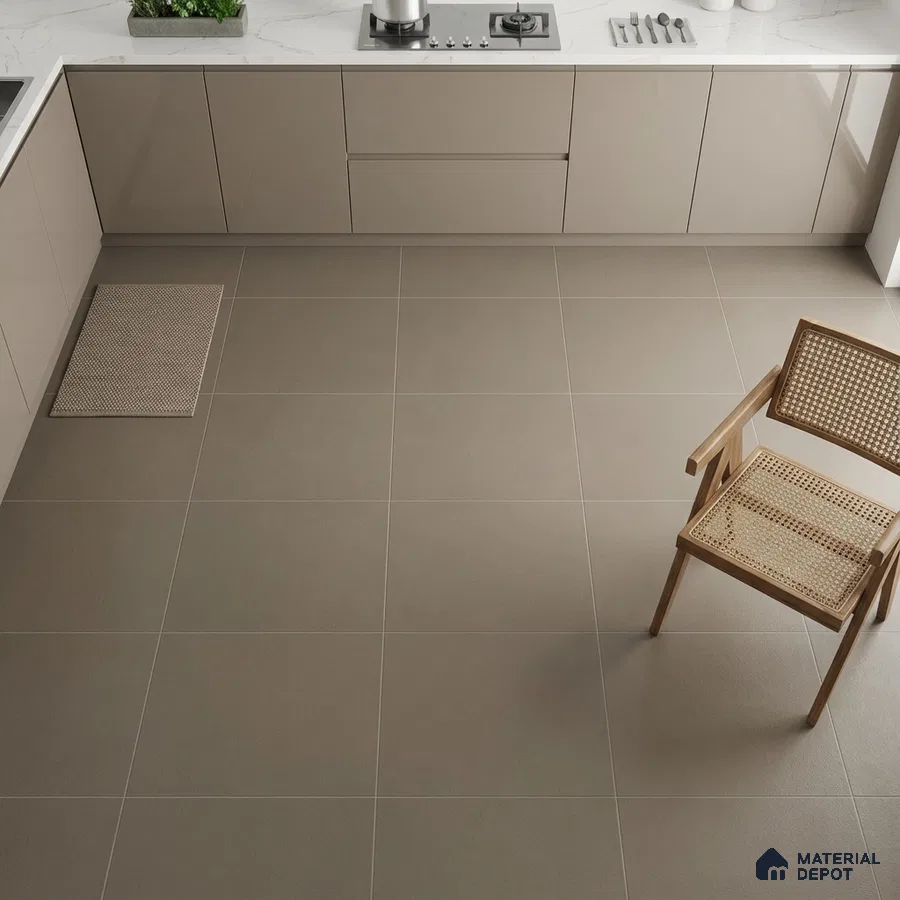 Minimalist kitchen with taupe matte laminate cabinets, white marble-look quartz countertop, and large format taupe floor tiles