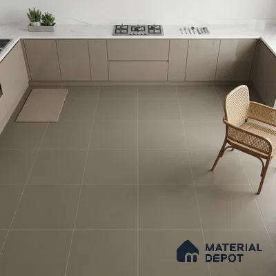Modern kitchen with taupe high gloss laminate cabinets, white marble-look quartz countertop, and matte taupe floor tiles